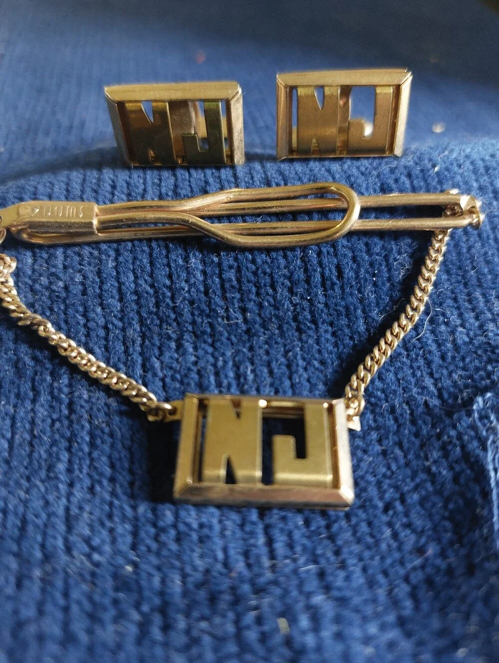 VTG Swank Monogram Cufflinks Tie Bar Set Gold Tone Initials NJ. Estate Jewelry